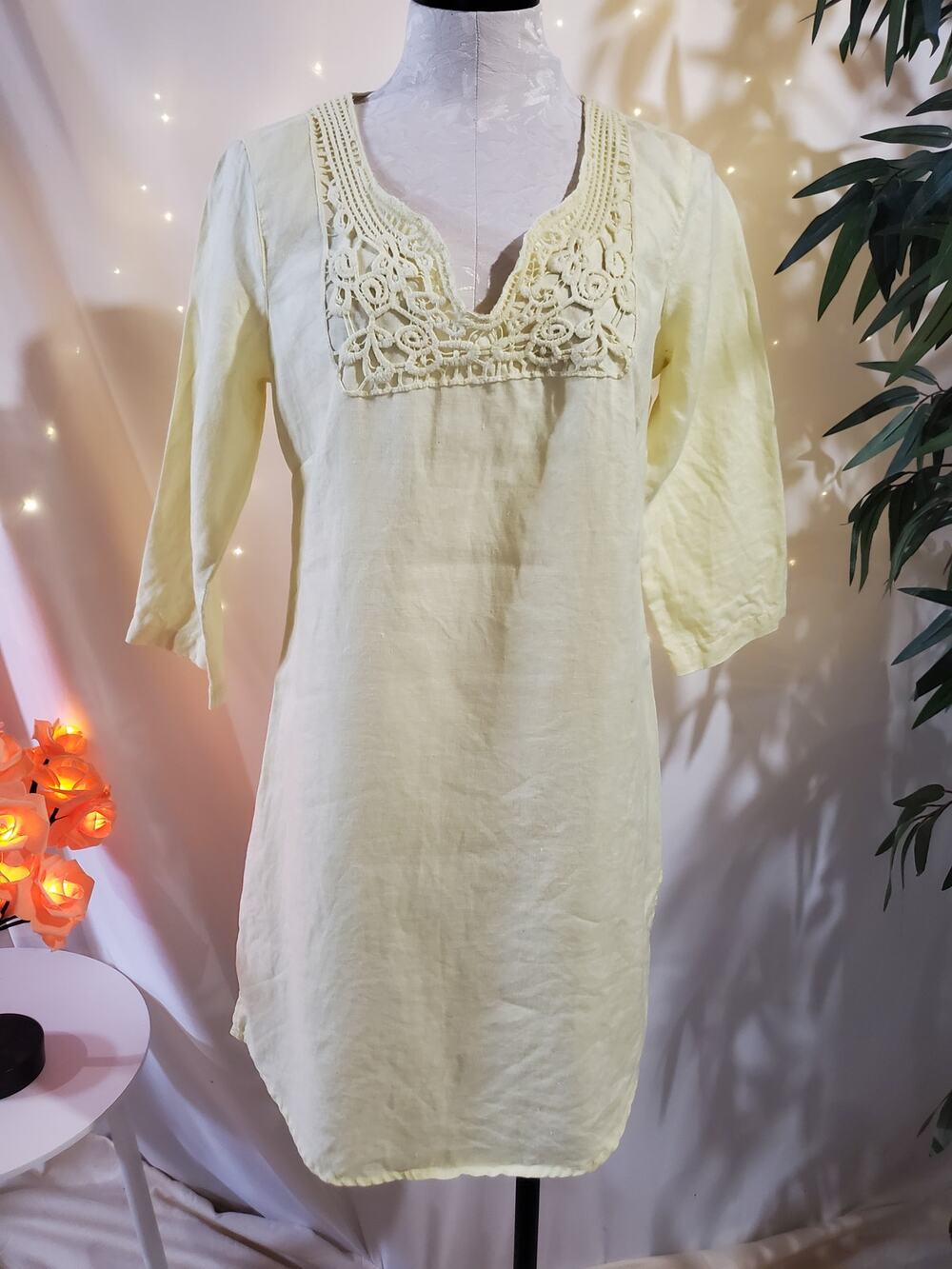 Malvin Hamburg Germany 100% Linen Light Yellow Embroidered Dress Womens 8